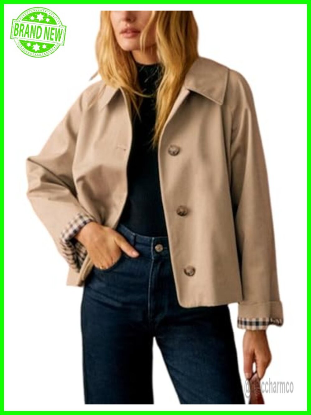 Women Oversized Cropped Trench Coat Plaid Lining Casual Lapel Jacket